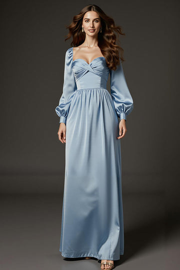 Robe longue formelle à manches en satin bleu clair Sweetheart